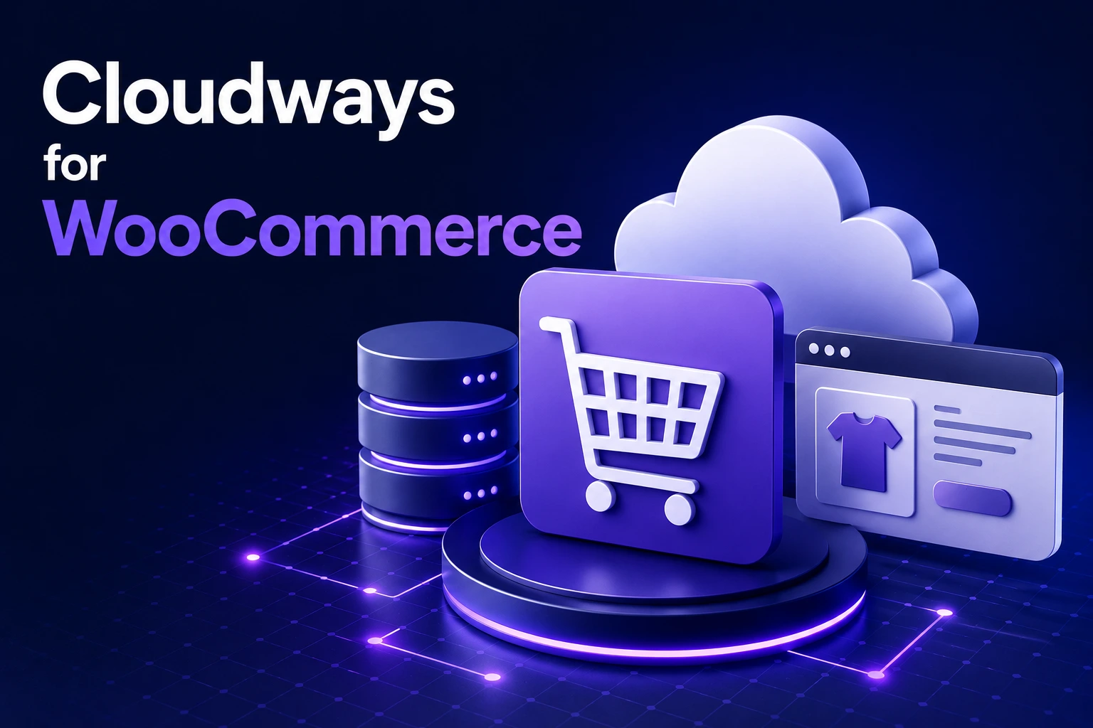 A cloud icon above a shopping-cart icon, a generic storefront product-page mockup, and stacked database icons, illustrating the infrastructure and storefront elements involved in hosting a WooCommerce store.