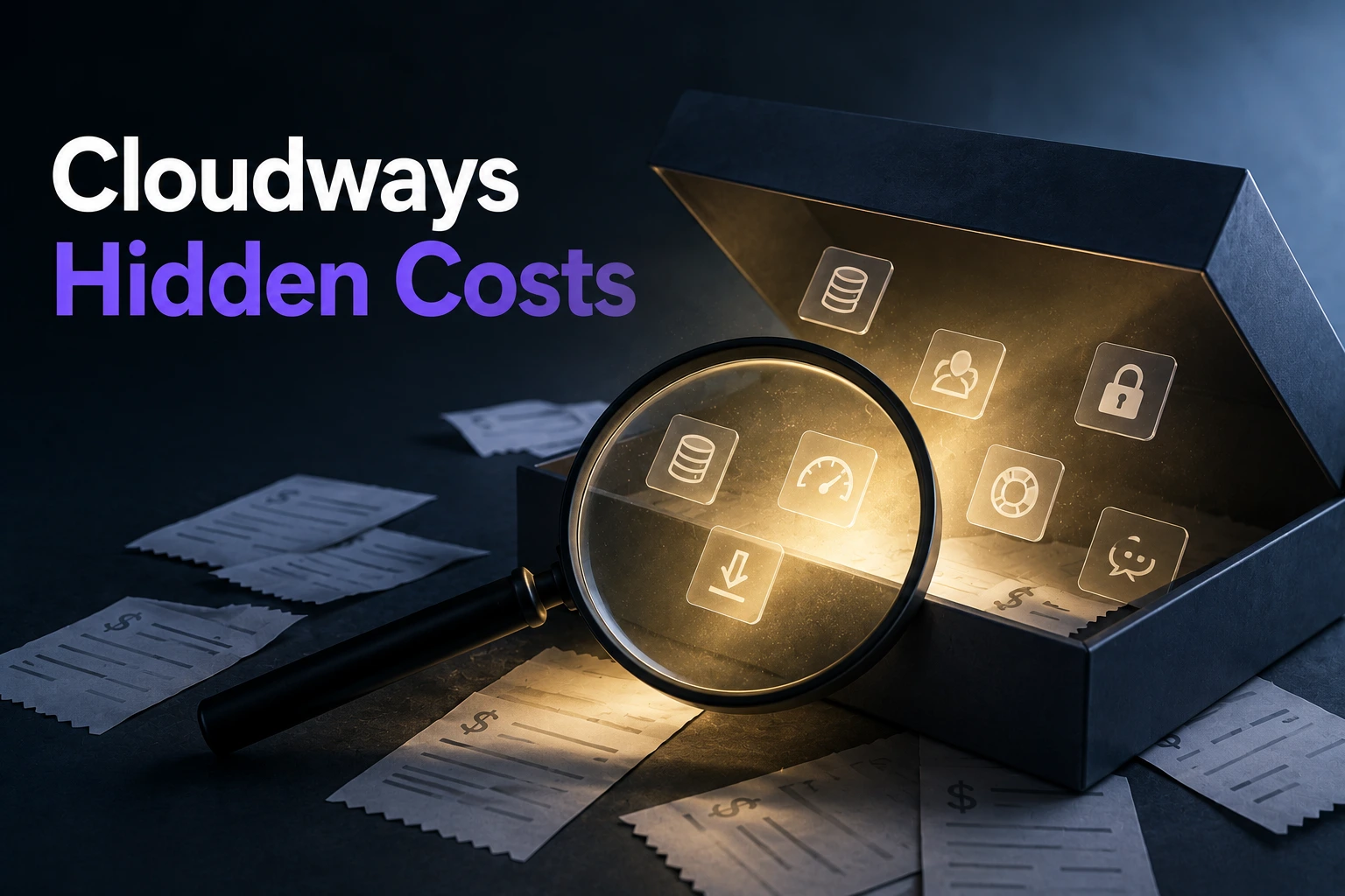 A magnifying glass revealing a box of glowing cost-category icons — storage, security, support, speed, and more — surrounded by blank itemized receipts, illustrating the real add-on costs that sit outside Cloudways' headline plan price.