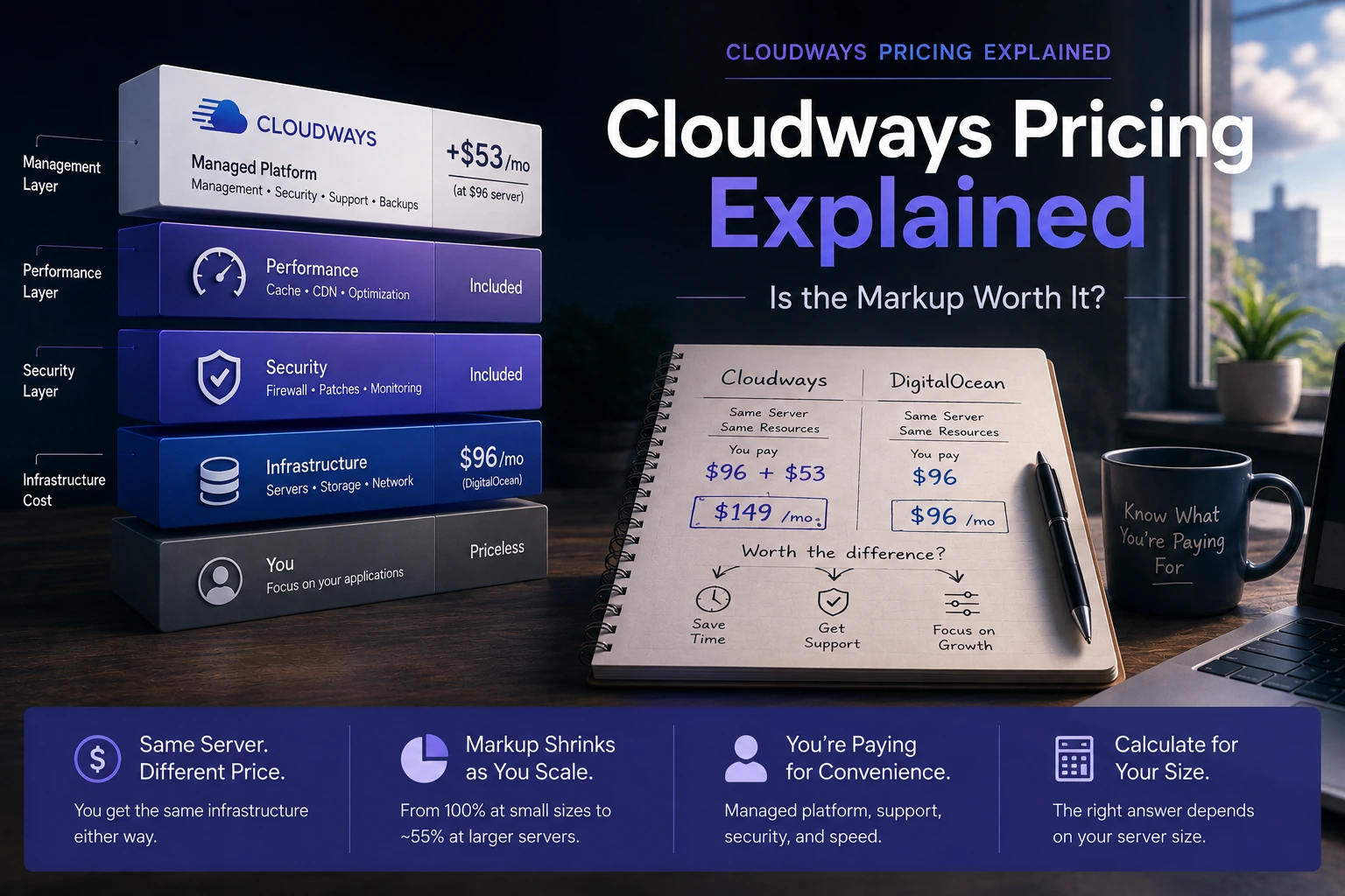 A stacked-layer diagram showing Cloudways' management, performance, and security layers on top of $96/mo DigitalOcean infrastructure for a total of $149/mo, next to a notebook comparing the $96 vs $149 monthly totals and asking whether the $53 difference is worth it.