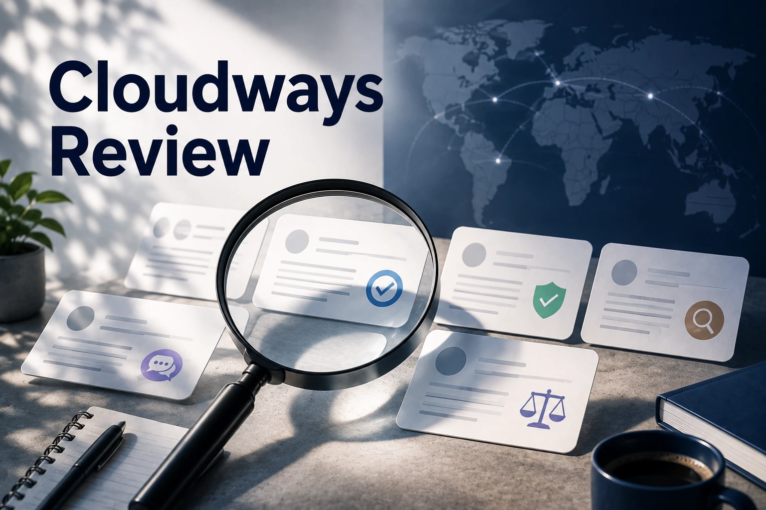 A magnifying glass hovering over a row of generic review-badge cards with icons for verification, security, search, discussion, and fairness, set against a world map background, illustrating a closer look at what a Cloudways review actually checks.