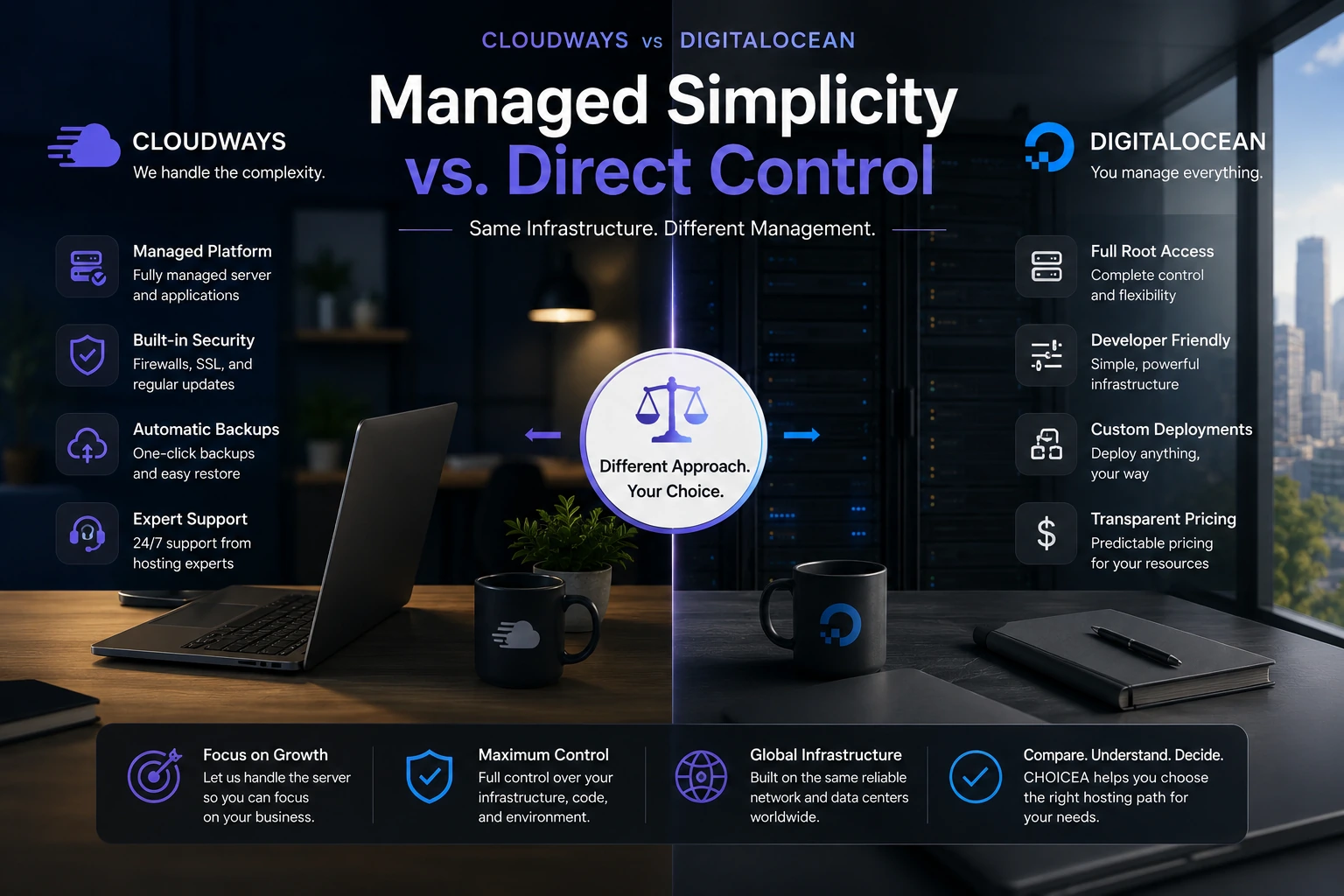 A split desk scene comparing a managed-platform feature list on one side with a direct-infrastructure feature list on the other, divided by a central "Different Approach. Your Choice." badge.