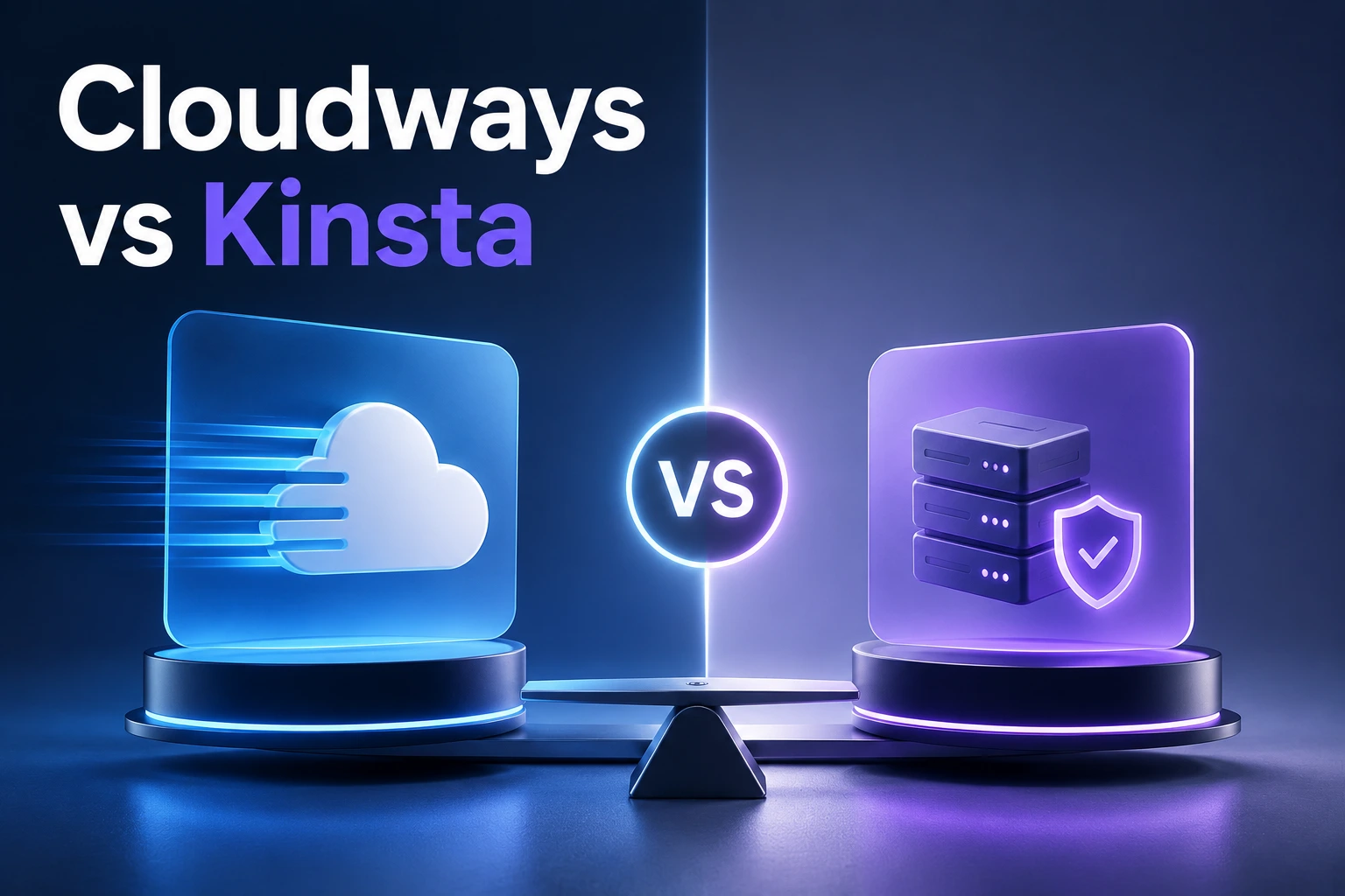 A level balance scale with a cloud icon on one side and a stacked-server-with-shield icon on the other, divided by a neutral "VS" badge, illustrating a balanced, no-declared-winner comparison between the two platforms.