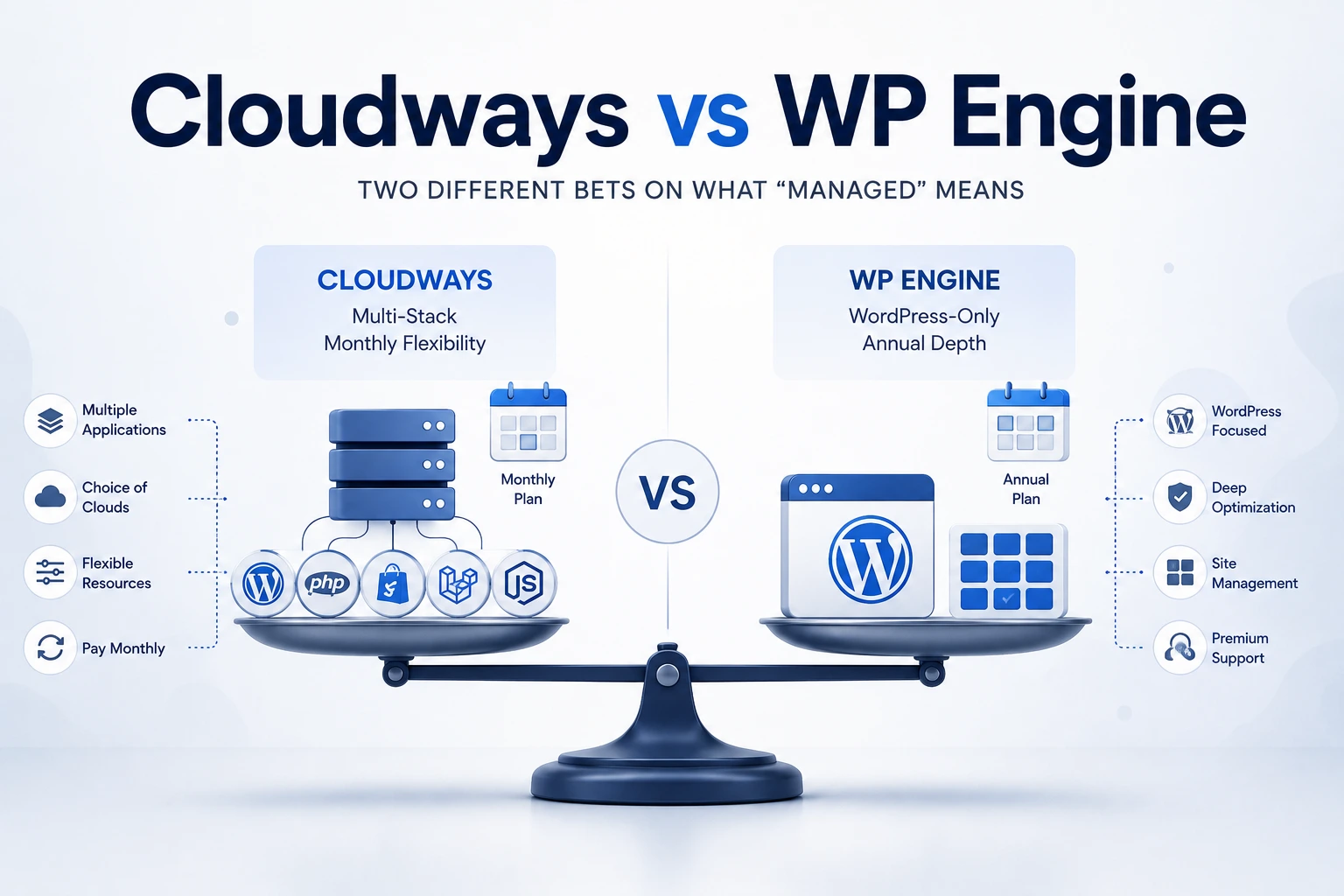 A level, neutral balance scale — Cloudways' multi-stack, monthly-billed flexibility on one side, WP Engine's WordPress-only, annual-billed depth on the other, each with matching feature call-outs — illustrating a comparison with no declared winner.