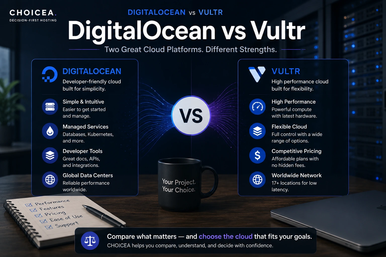 Two side-by-side cloud-provider feature panels facing off, connected by a central "VS" badge, over a server-room desk scene with a "Your Project. Your Choice." mug and a notebook checklist.