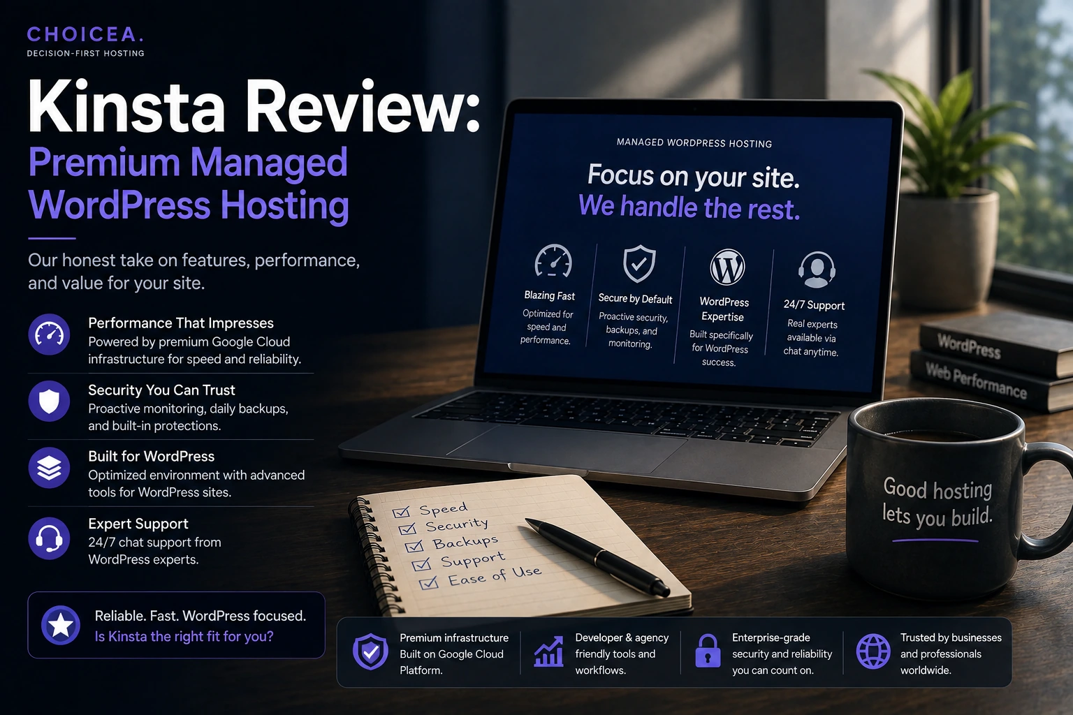 A cozy desk scene with a laptop showing a generic "Managed WordPress Hosting" review screen with speed, security, WordPress-expertise, and 24/7 chat-support icons, next to a notebook checklist and a mug reading "Good hosting lets you build."