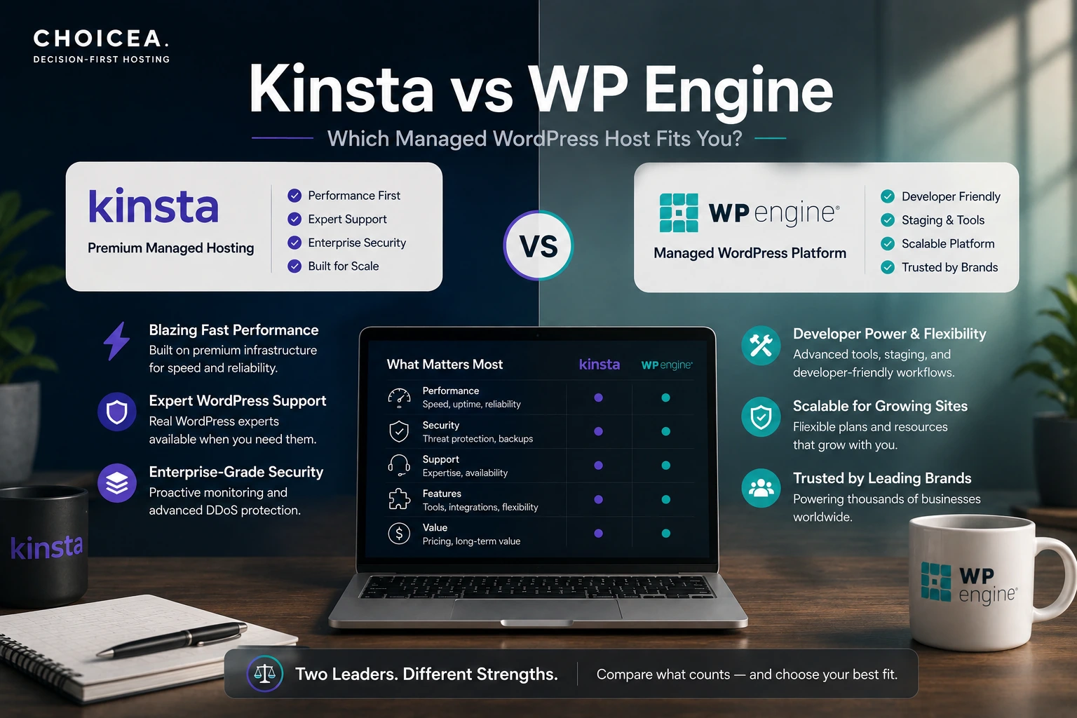 A split desk scene with two managed-WordPress-hosting feature panels facing off around a central laptop showing a qualitative comparison table across performance, security, support, features, and value.
