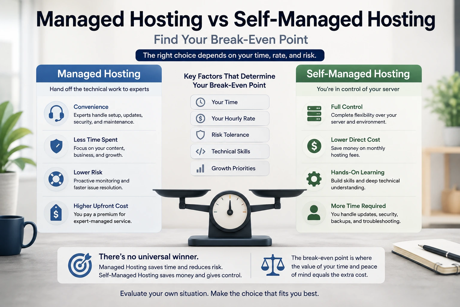 A level balance scale comparing Managed Hosting and Self-Managed Hosting, each listing its own honest trade-offs, with a "no universal winner" callout and key factors — time, hourly rate, risk tolerance, technical skills, and growth priorities — that determine your own break-even point.