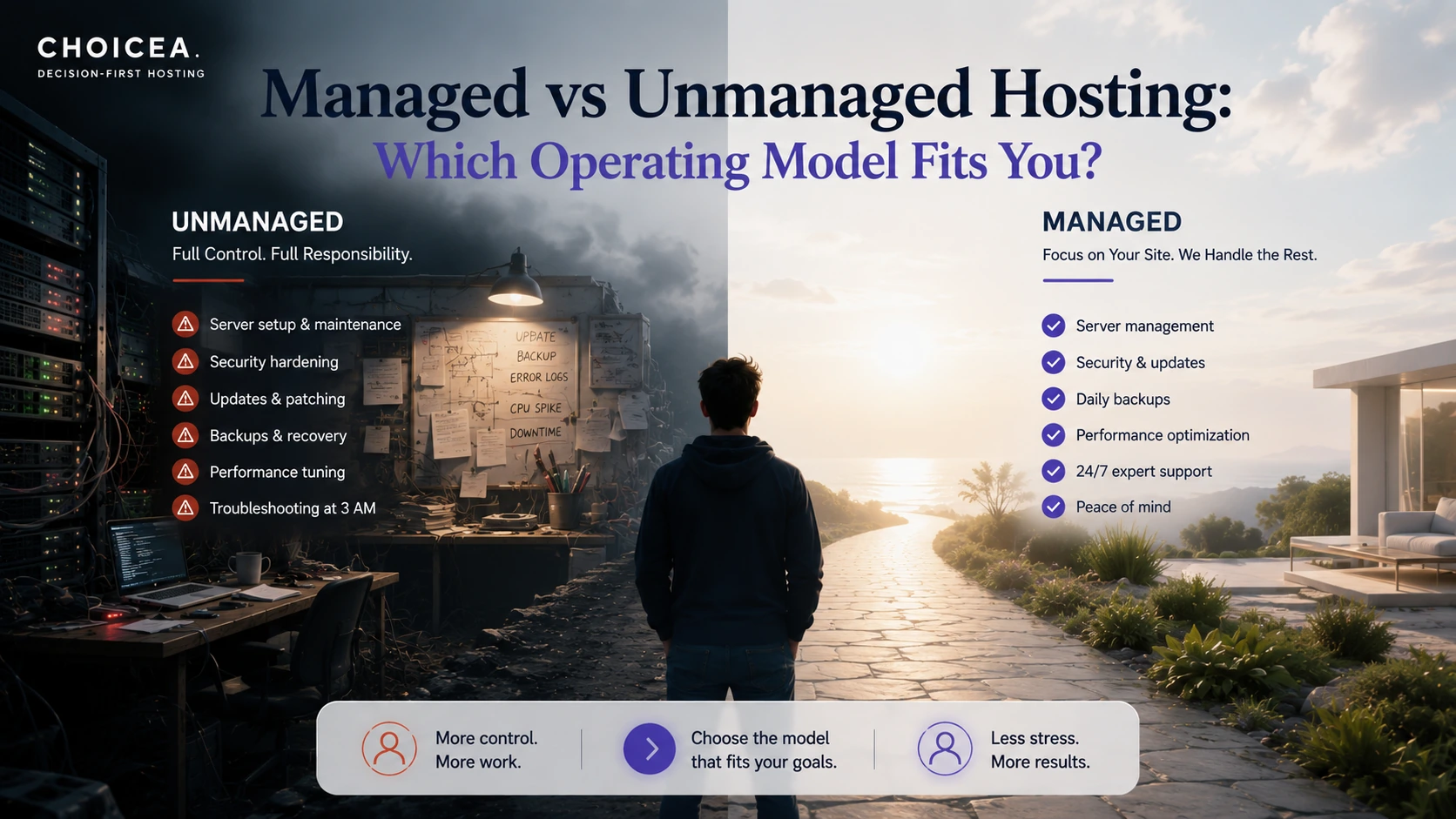 A split scene of a person facing a cluttered, alert-filled unmanaged-hosting workspace on one side and a calm, handled-for-you managed-hosting path on the other, illustrating the trade-off between full control and full responsibility versus letting a provider handle server management.