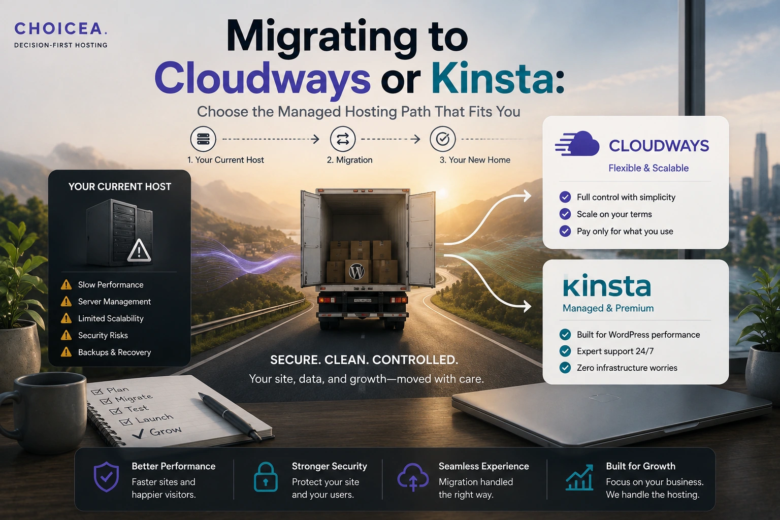 A moving truck traveling a road labeled with a three-step "Your Current Host, Migration, Your New Home" process, arriving at two destination panels describing a flexible/scalable path and a managed/premium path, with a "Plan, Migrate, Test, Launch, Grow" notebook checklist.