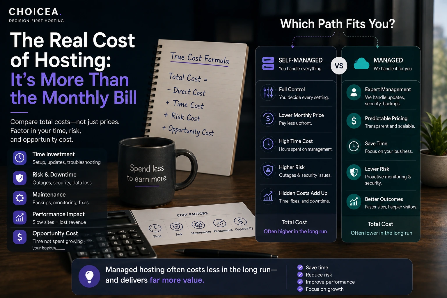 A desk scene with a notebook sketching a total-cost formula (direct cost plus time, risk, and opportunity cost) and a cost-factors card, beside a "Which Path Fits You?" comparison of a self-managed panel and a managed panel, each listing its own qualitative cost factors.