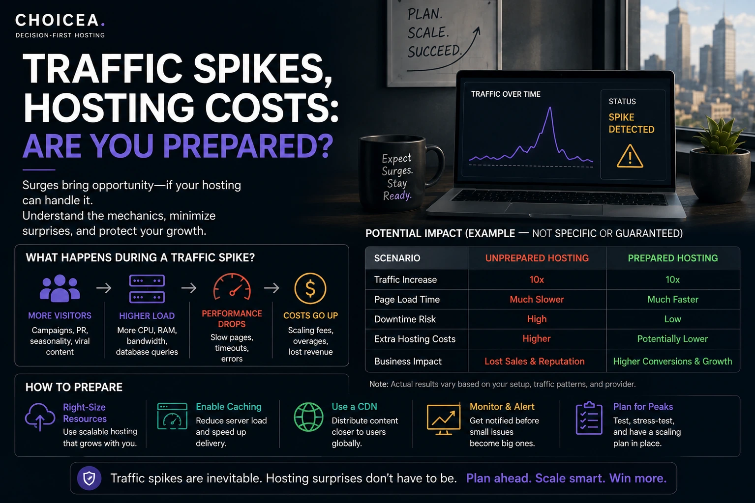 A desk scene with a laptop showing a rising traffic graph and a "Spike Detected" alert, next to a qualitative unprepared-vs-prepared hosting comparison labeled as an illustrative, non-guaranteed example, alongside the flow of what happens during a spike and how to prepare.