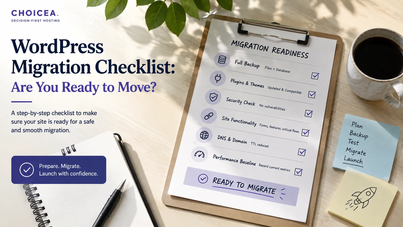 A clipboard checklist titled "Migration Readiness" with items for backup, plugins and themes, security check, site functionality, DNS and domain, and performance baseline, ending in a "Ready to Migrate" callout on a desk with sticky notes reading Plan, Backup, Test, Migrate, Launch.