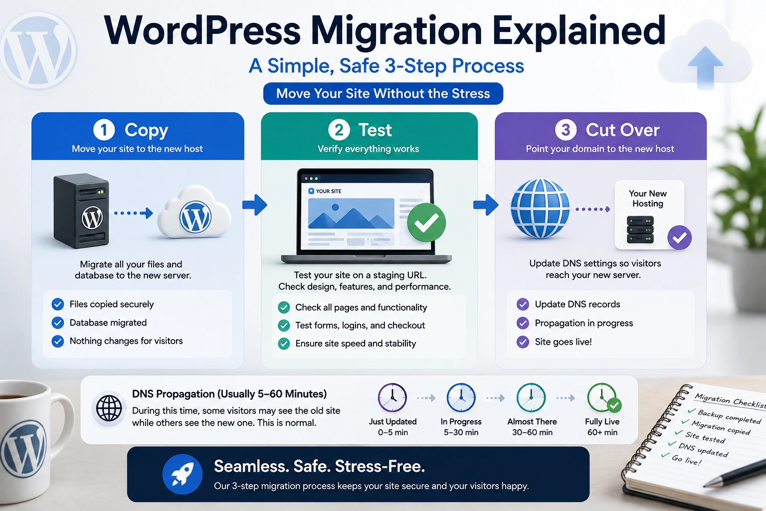 A three-step migration diagram — Copy, Test, Cut Over — with a DNS propagation timeline showing the site moving from "just updated" to "fully live."